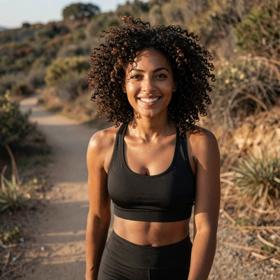 Woman in athletic wear on a hiking trail at golden hour