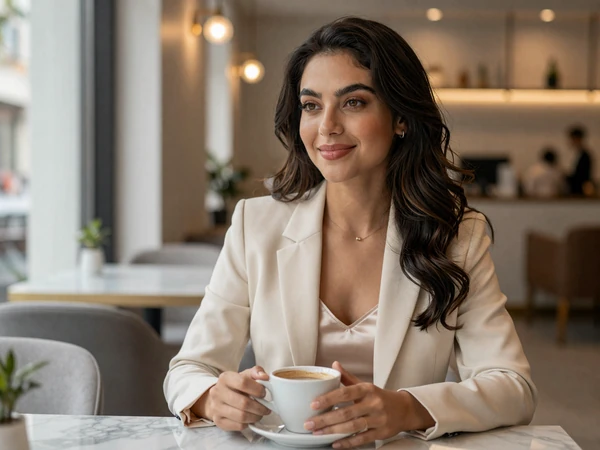 Female radiology technologist in a smart blazer enjoying coffee at an upscale modern cafe