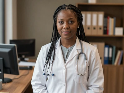 Black female oncologist in an office setting