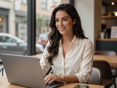Female internist working at a modern coffee shop with a laptop