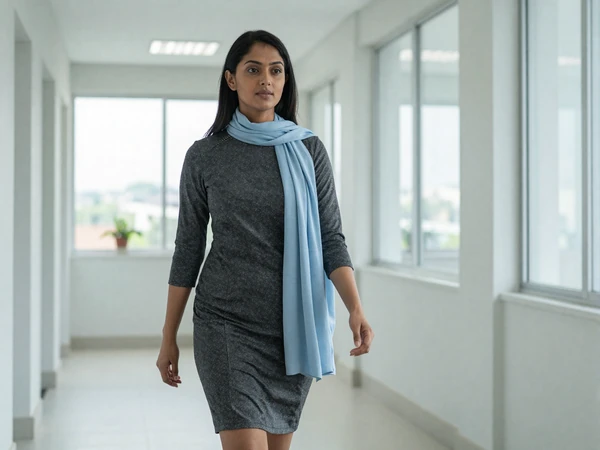 Female urologist walking through a bright modern medical office building
