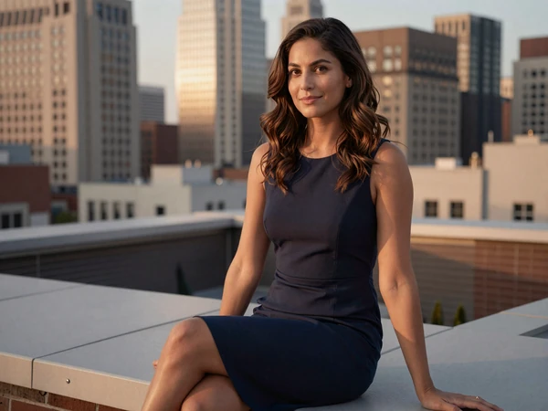 Young woman in an elegant dress relaxing on a city rooftop terrace at dusk
