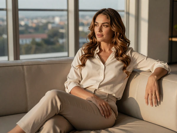Female surgical nurse relaxing in a luxury apartment after a long day in the operating room