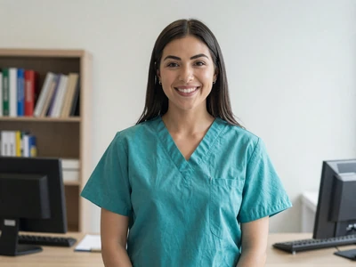 Latina female medical assistant in teal scrubs in a clinic office