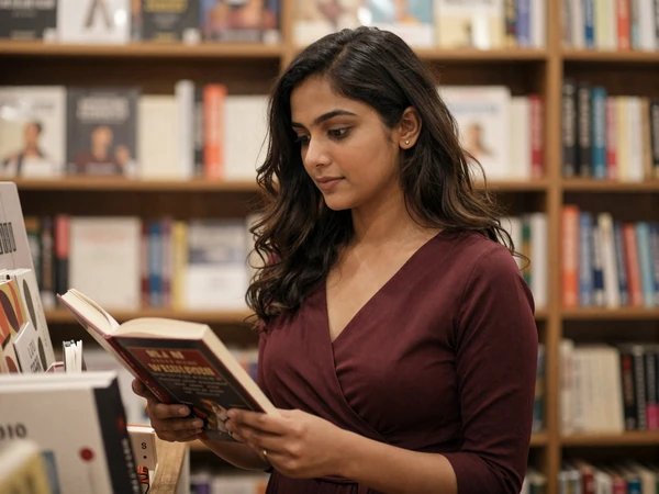 Female endocrinologist reading a book in an upscale bookstore