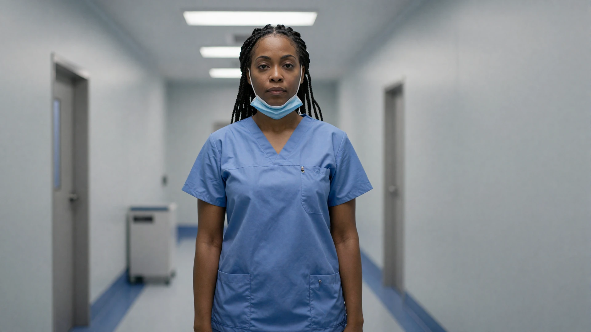 Female surgeon in scrubs standing confidently in a modern OR hallway