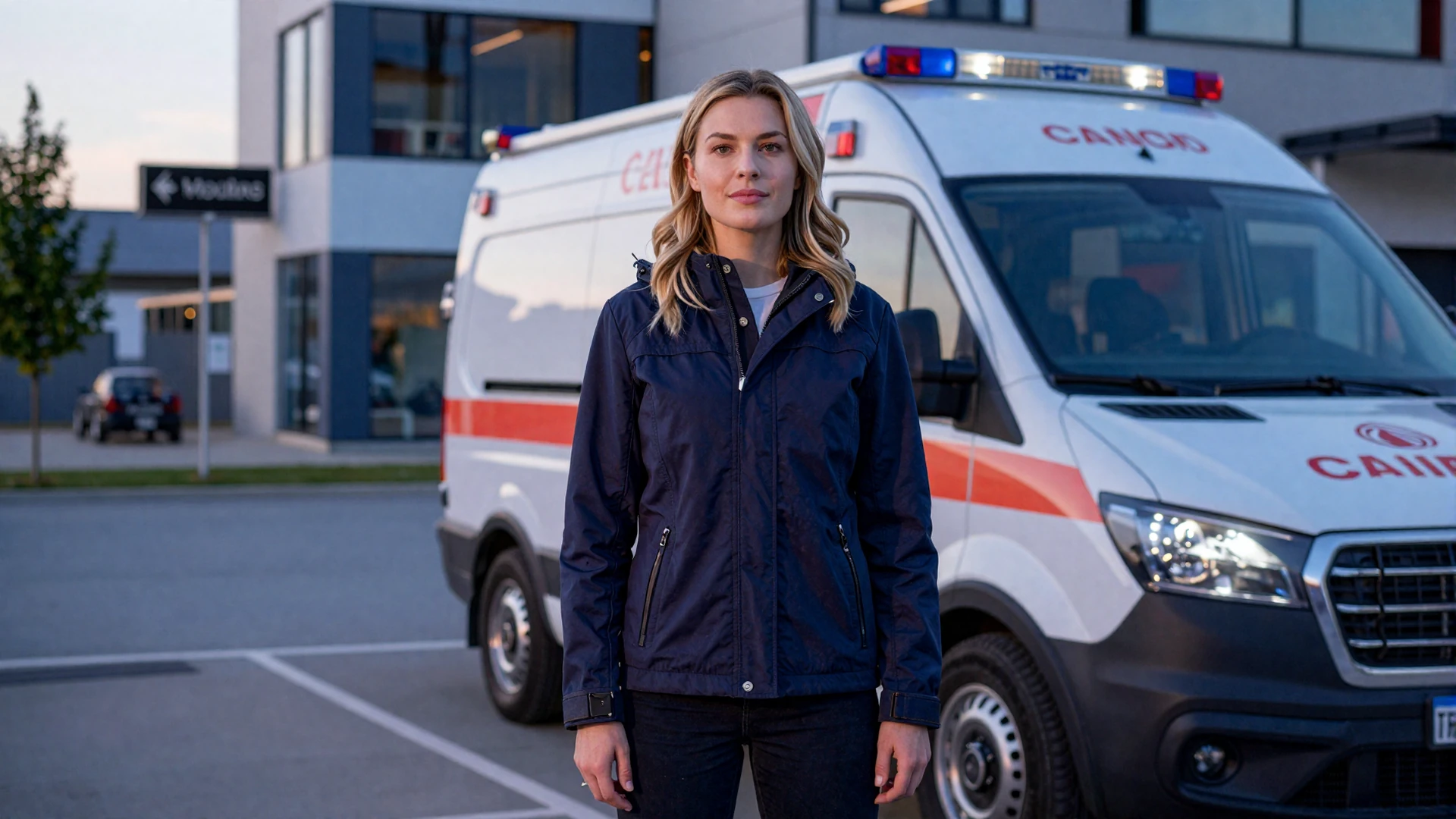 Female paramedic in a premium navy jacket standing near an ambulance at dusk in a modern city