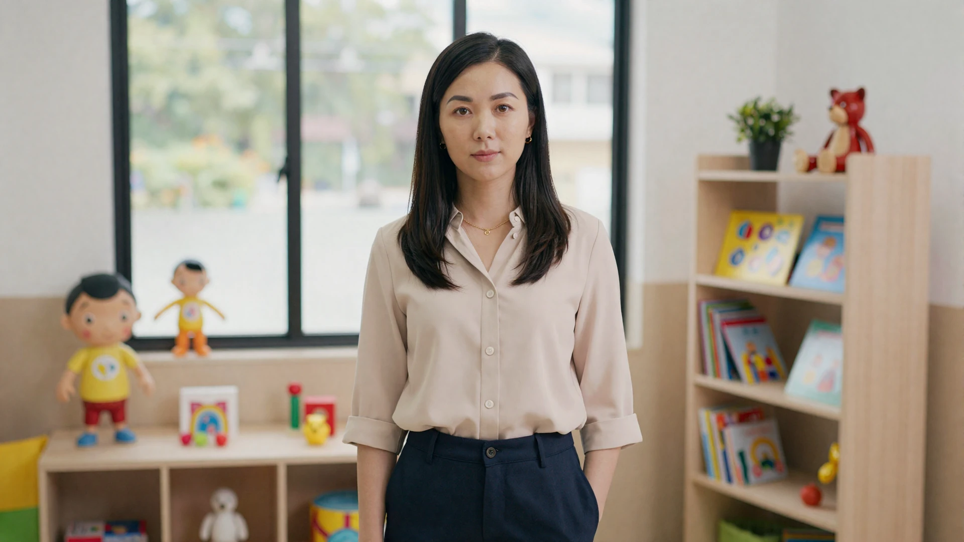 Female pediatrician standing confidently in a bright colorful pediatric office with books and toys