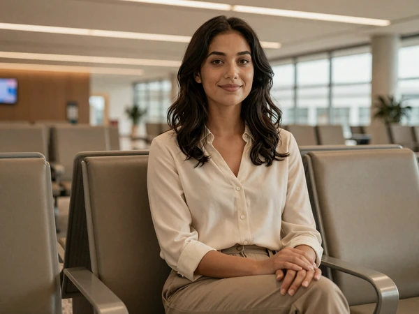 Female occupational therapist in business casual attire relaxing at an airport lounge between travel