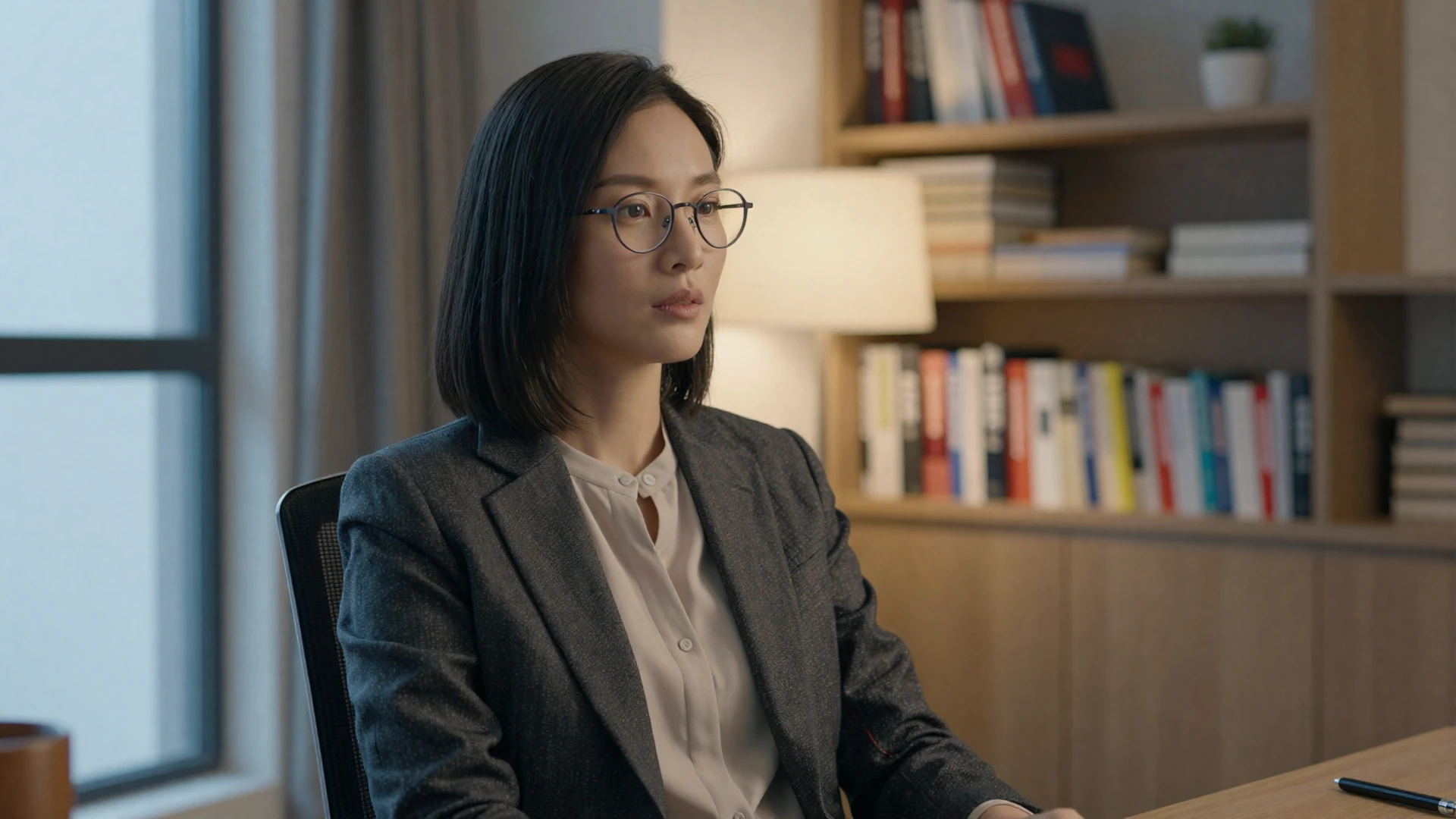 Female psychiatrist in a charcoal blazer seated in a warmly lit office with bookshelves