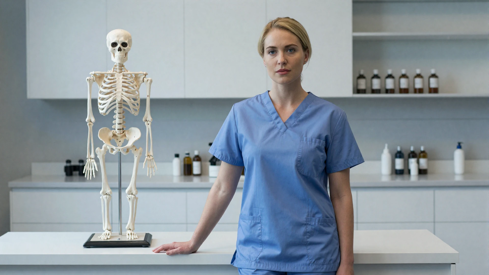 Female orthopedic surgeon in scrubs standing in a modern orthopedic clinic with an anatomy model