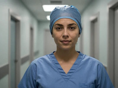 Latina female surgical nurse in scrubs in an OR hallway