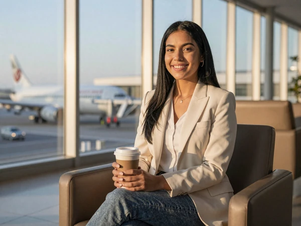 Female nurse anesthetist relaxing in an airport lounge during a weekend trip