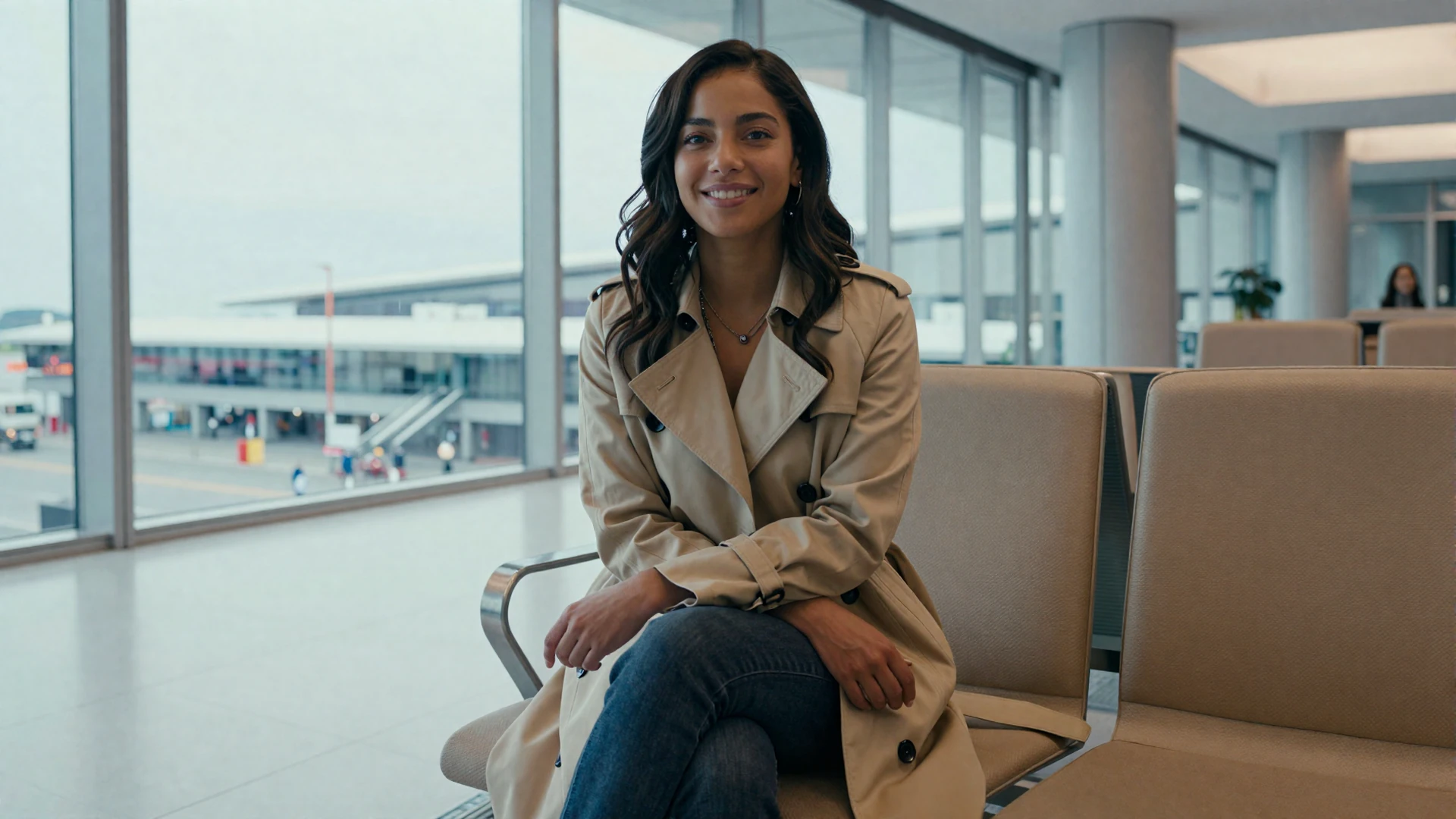 Female travel nurse in a premium trench coat relaxing in a modern airport lounge between assignments