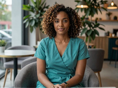 Female dermatologist in a teal dress at an upscale cafe