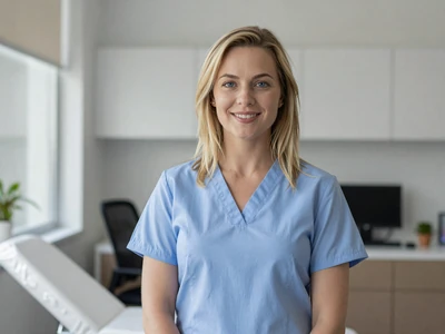 Female dermatologist in a light blue blouse in a modern medical office