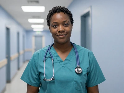 Black female nurse practitioner in teal scrubs with a stethoscope in a clinic hallway