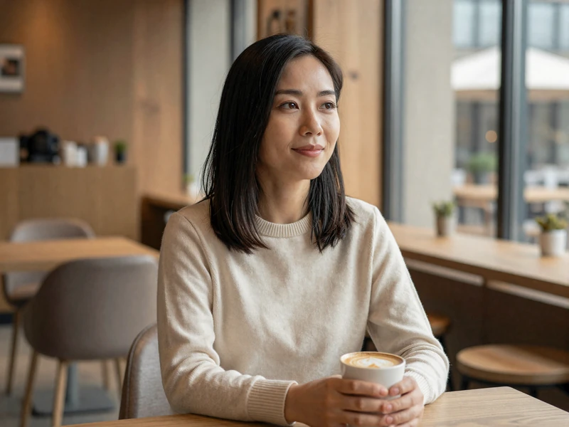 Female doctor relaxing with a latte in a modern coffee shop, soft morning light