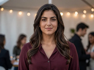 Woman in business-casual attire at a charity fundraiser event