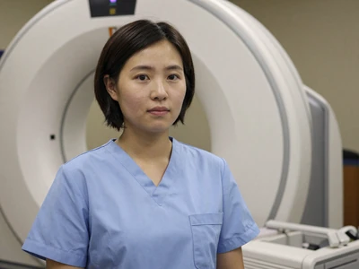 Asian female radiology technologist next to imaging equipment