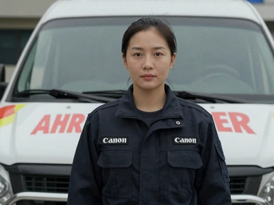 Asian female paramedic in uniform by an ambulance