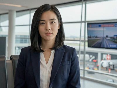 Woman in a navy blazer at an airport terminal gate