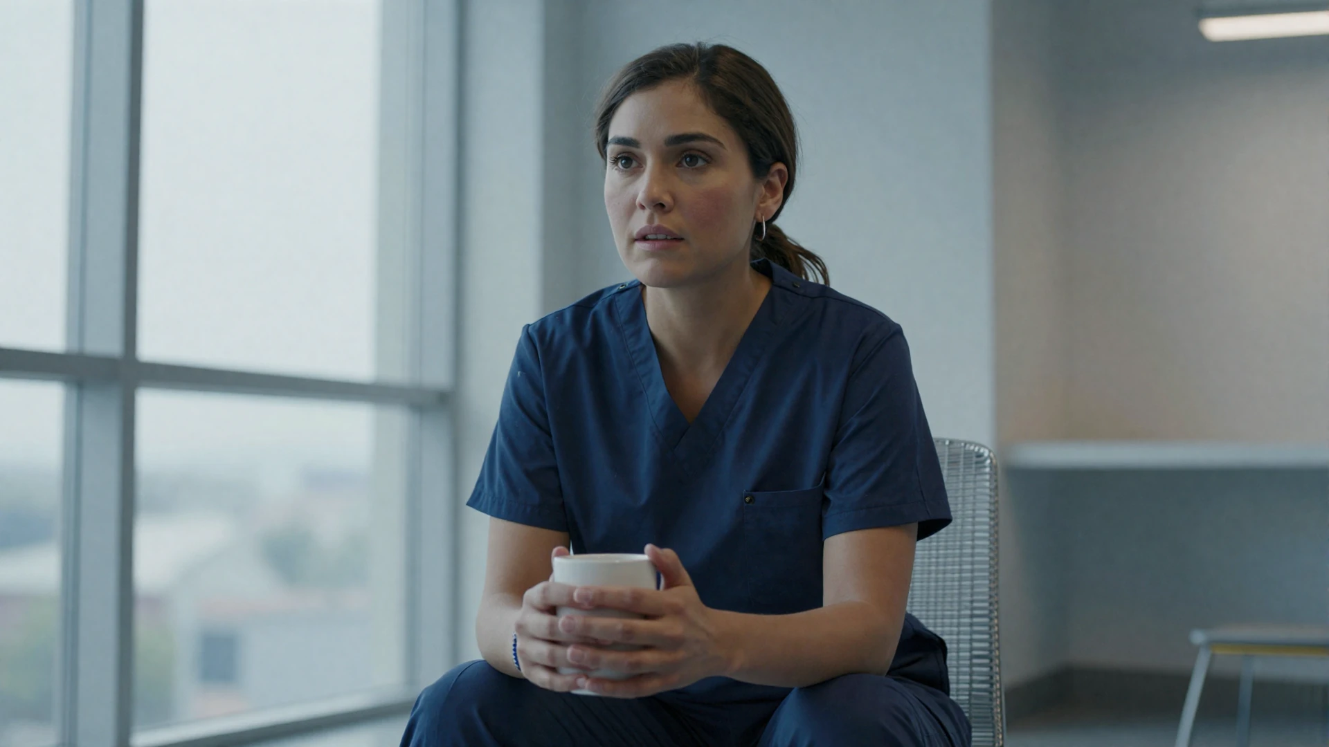 Female critical care nurse in navy scrubs resting in a hospital break room during a long ICU shift