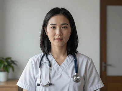 Asian female nurse practitioner in business-casual attire in a modern clinic