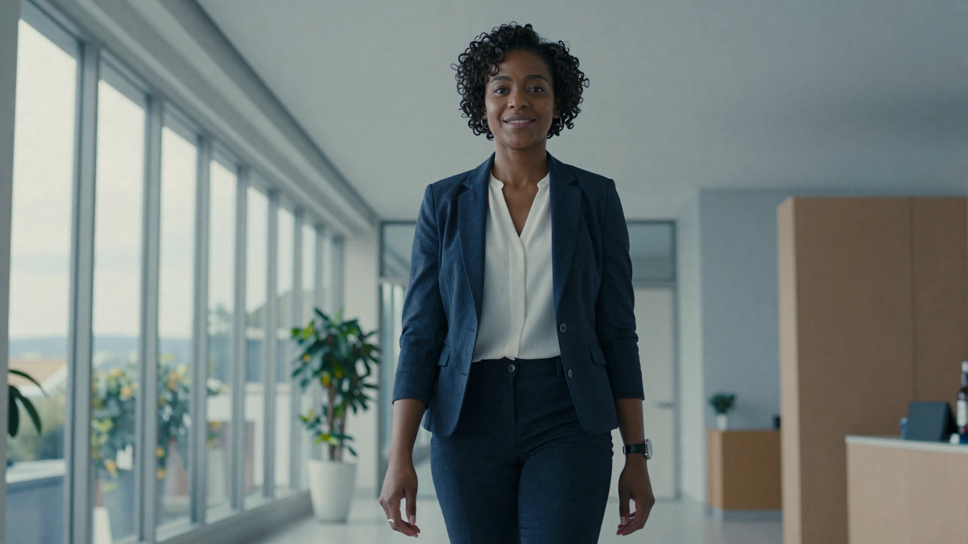 Female urologist in a navy blazer standing confidently in a modern hospital lobby