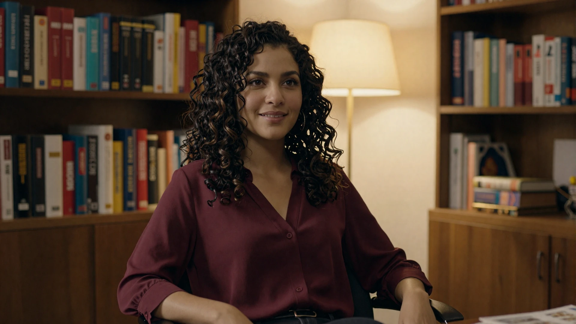 Female psychiatrist in a cozy private practice office with bookshelves and warm lamp light