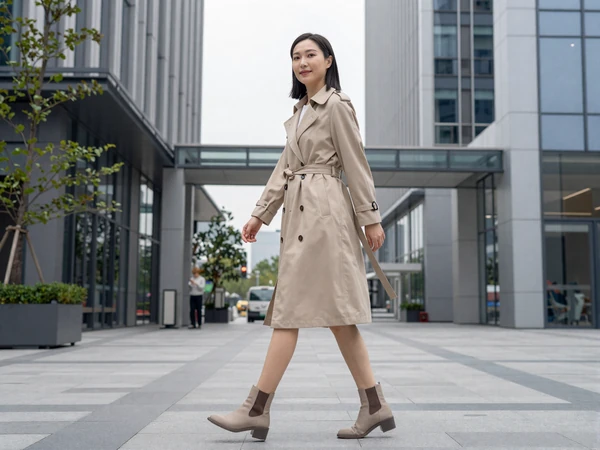 Female occupational therapist in premium everyday fashion walking through a modern city plaza