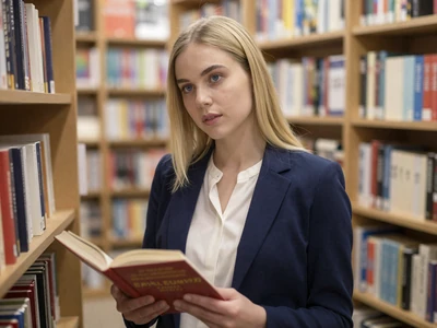 Woman in a navy blazer browsing books in a bookstore reading aisle