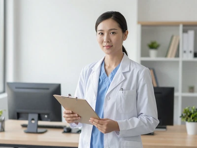 Asian female cardiologist with a chart in a bright office