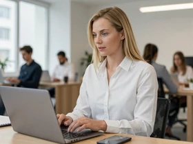 Woman working at a laptop in a bright modern office