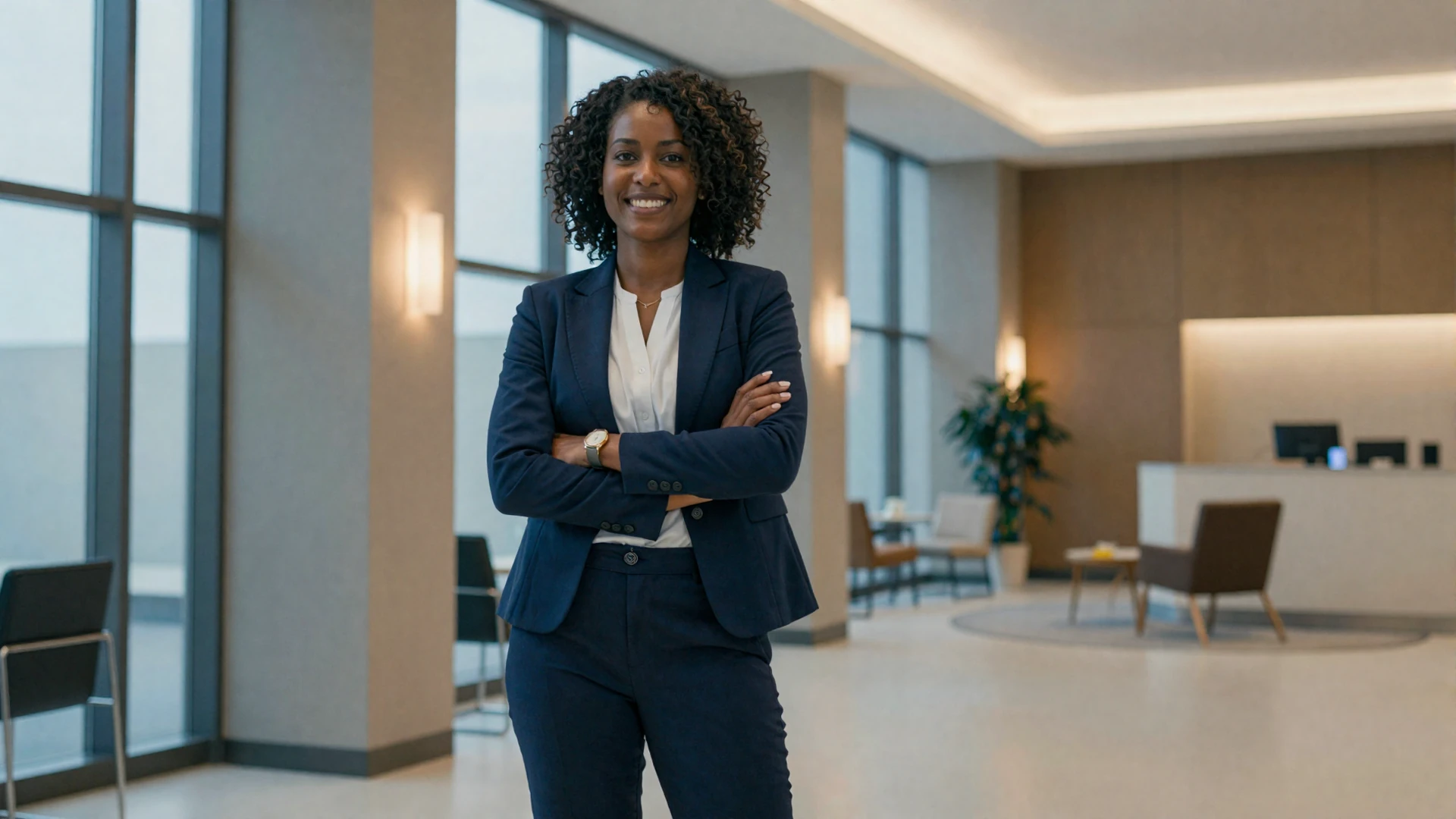 Female physician assistant in business casual attire in a modern hotel lobby