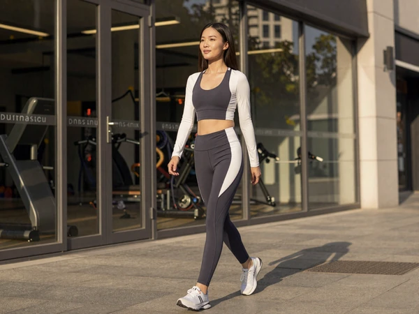 Female medical assistant in athleisure wear leaving a modern gym after a morning workout