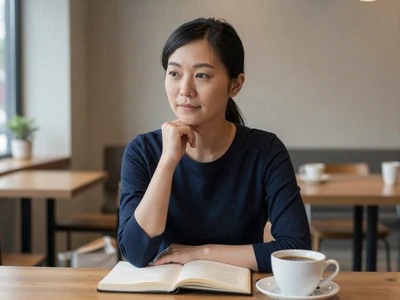 Woman in smart-casual attire at a coffee shop with a journal