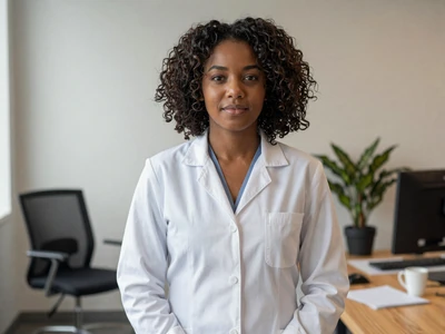 Black female gastroenterologist in an office