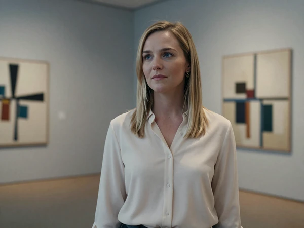 Woman in an elegant blouse at a modern art gallery