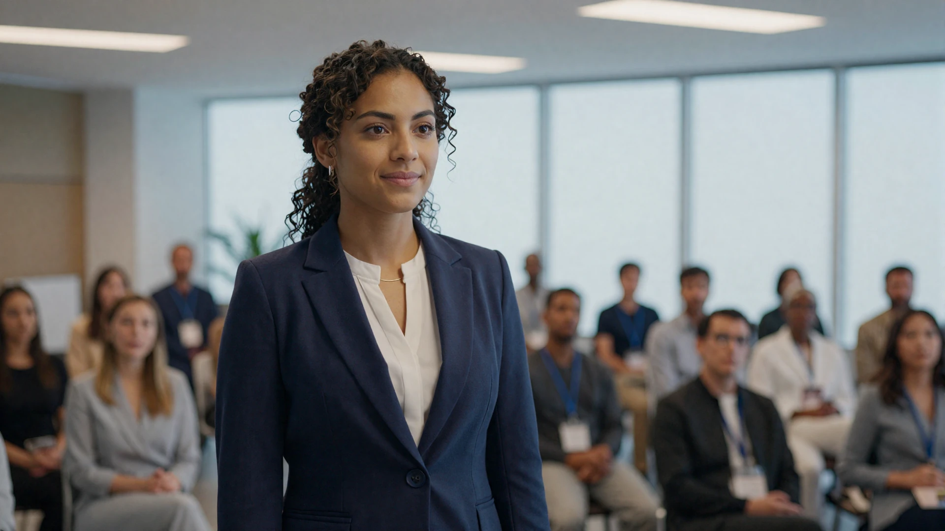 Mixed ethnicity female doctor in an elegant navy blazer networking at a modern medical conference
