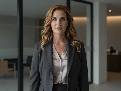 Mixed-ethnicity female nurse practitioner in a charcoal blazer in a modern lobby