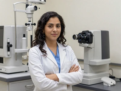 Latina female ophthalmologist with exam equipment
