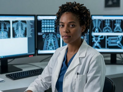 Black female radiologist at a workstation