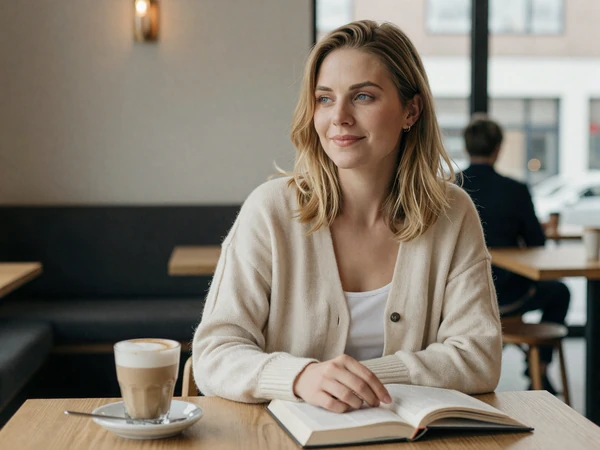 Woman in a cozy cardigan enjoying coffee and a book at a cafe