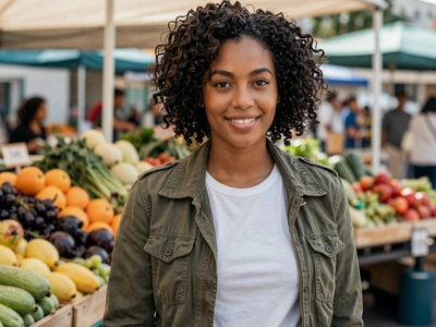 Woman in casual-chic attire smiling at a farmers market