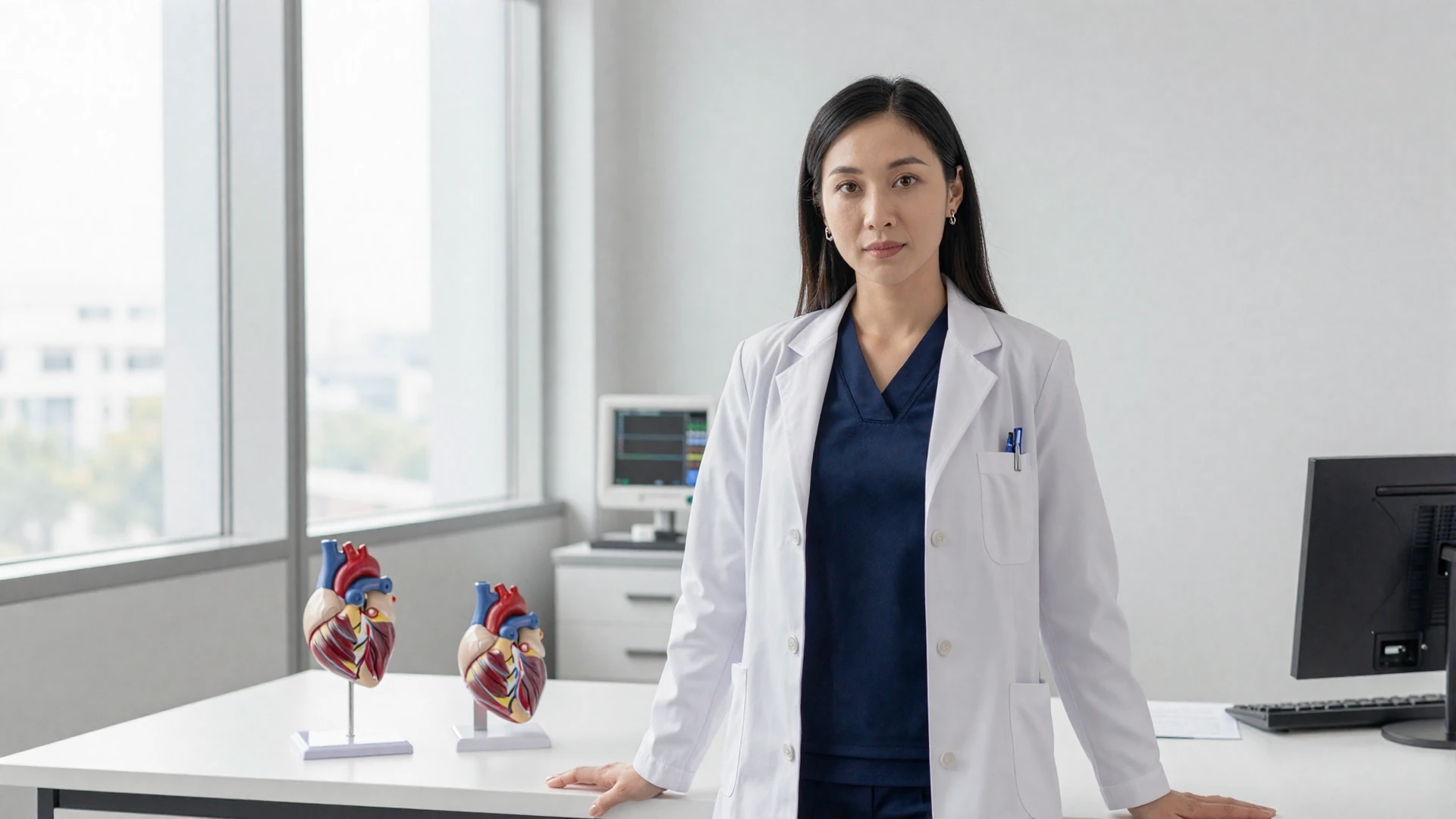 Female cardiologist in a white coat standing in a modern cardiology clinic with a heart model on the desk