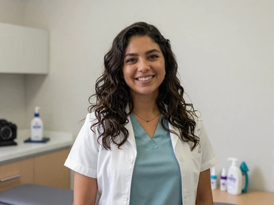 Latina family doctor in a bright exam room