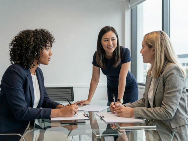 Three professional women collaborating around a conference table in a modern office