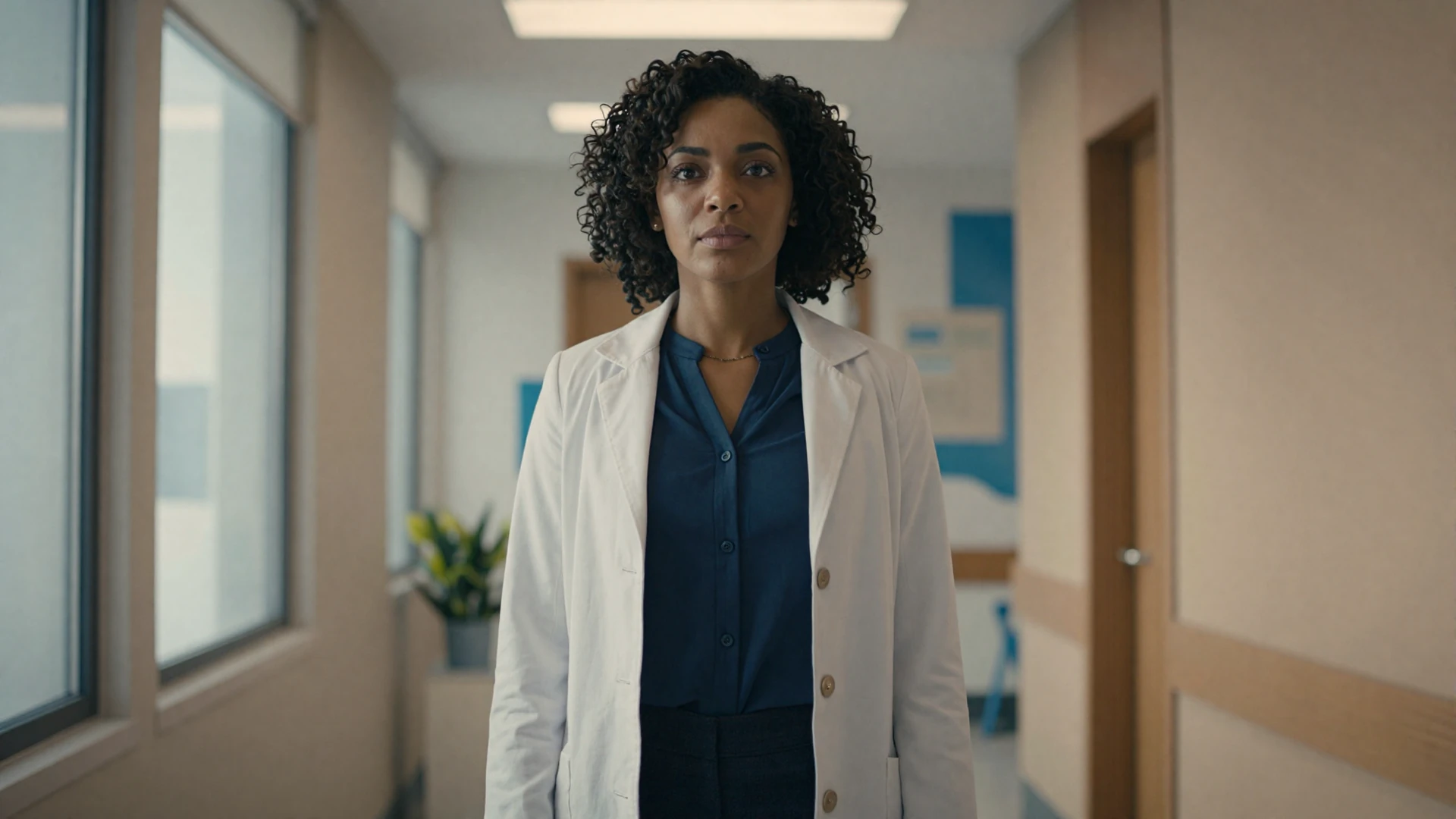 Female oncologist standing in a modern oncology clinic with warm lighting