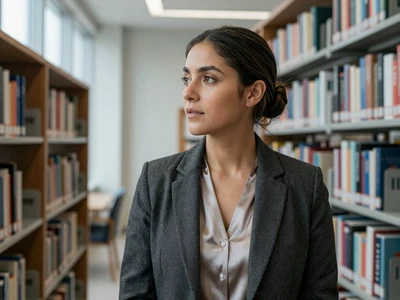 Woman in a blazer at a modern university library